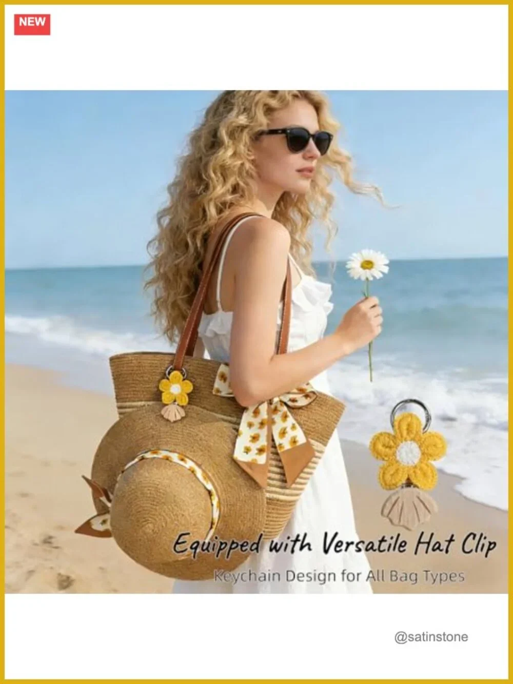 Straw Wide Brim Sun Hat & Woven Bag Set with Clip